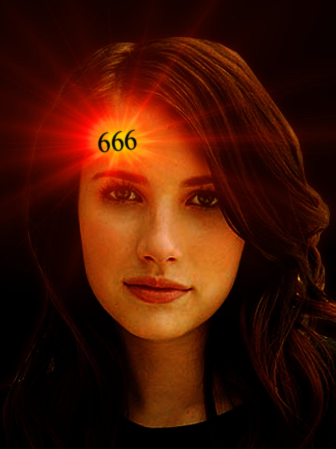 Girl with 666 glowing on her forehead